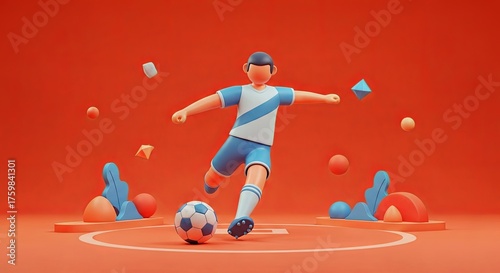 Stylized 3D illustration of a soccer player kicking a ball on a vibrant orange background with abstract geometric shapes.