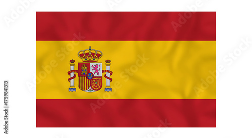 A detailed view of the national flag of spain featuring red and yellow stripes and the spanish coat of arms