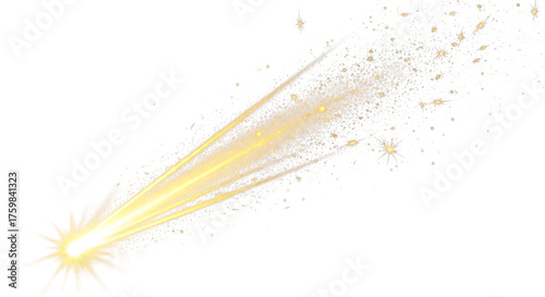 A bright yellow comet streaking across a transparent background, leaving a trail of glittering dust and particles isolated on transparent background