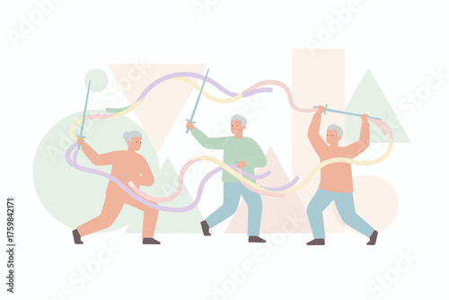Active seniors exercising with swords and ribbons Healthy aging vitality and wellness concept