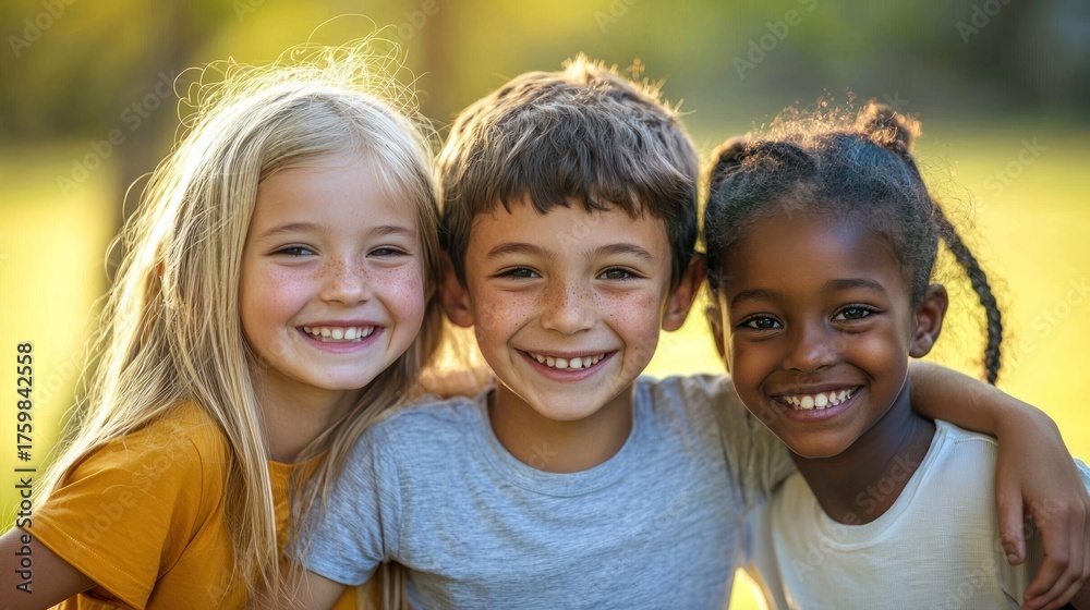 Fototapeta premium Three children smiling outdoors in a park.
