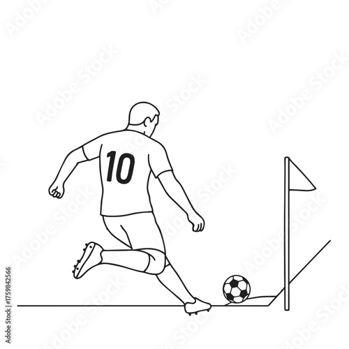 simple line art vector illustration of Soccer player take a corner kick