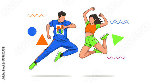 Dynamic illustration of a man and woman dancing jumpstyle with vibrant colors and energetic poses
