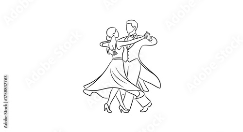 Minimalist line drawing of a couple waltzing, capturing elegance and romance