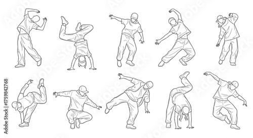 Collection of hip-hop dancer poses illustrated in fine line art on a clean white background with copy space