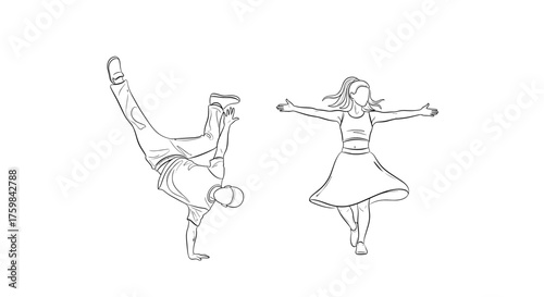 Stylish dancers in dynamic poses illustrated in fine line art on a clean white background with copy space