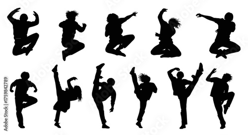 Collection of energetic dance silhouettes showcasing various dynamic poses on a white background