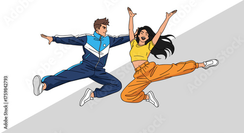 Couple performing jumpstyle dance with energetic leaps in colorful outfits against a split background