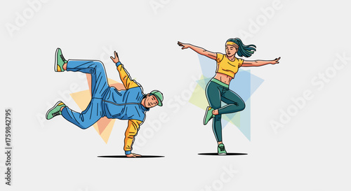 Dynamic hip-hop dancers showcasing their skills in colorful outfits against a light gray background