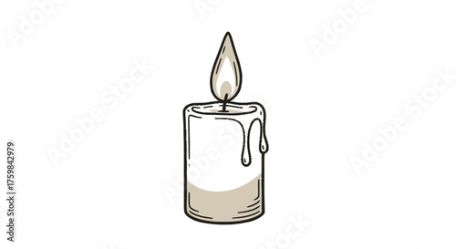 Elegant white candle with a flickering flame and dripping wax, perfect for illustrating spirituality, remembrance, or creating a cozy, warm atmosphere in design projects.