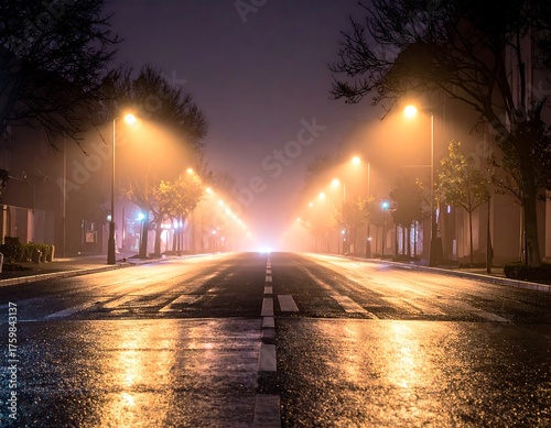 Foggy street at night, with streetlights creating a golden glow