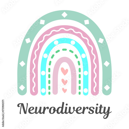 Neurodiversity boho rainbow. Symbol of inclusion, acceptance, and understanding of different neurological conditions. Autism awareness, psychology, and diversity campaigns. Vector illustration. 