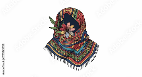 Elegant Headscarf Illustration with Floral Accent, Showcasing Traditional Style and Cultural Fashion for Design Projects, Cultural Heritage, and Fashion Illustrations.