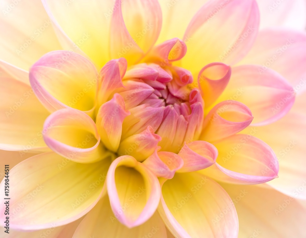 Fototapeta premium Close-up of a dahlia flower, with yellow and pink petals, showcasing its intricate beauty