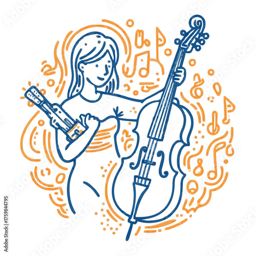 Female musician playing cello, music notes background, cello icon