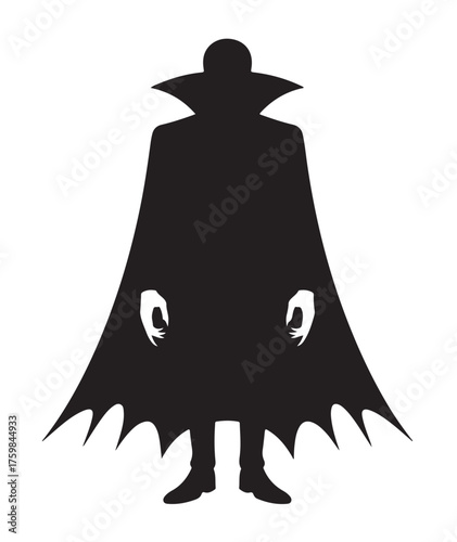 A full-length black silhouette of a classic vampire character with a high collar and a long, jagged cape.