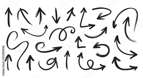 Collection of hand-drawn arrows in various directions, perfect for design elements and visual communication.