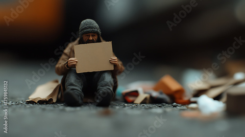 Fototapeta Naklejka Na Ścianę i Meble -  The miniature figure of a bearded man in a beanie, sits amidst scattered trash, clutching a blank cardboard sign, evoking themes of poverty and resilience on the cold streets.