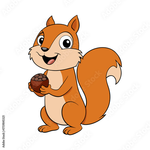 Cute cartoon squirrel holding a collection of acorns in its paws