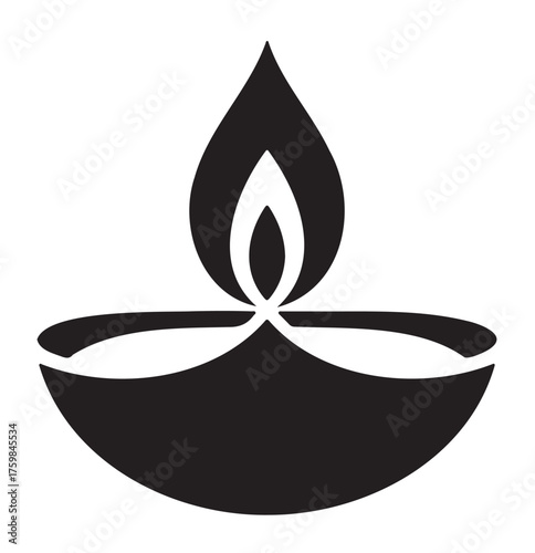 A simple black silhouette icon of a traditional Indian Diya oil lamp with a single burning flame on a white background.