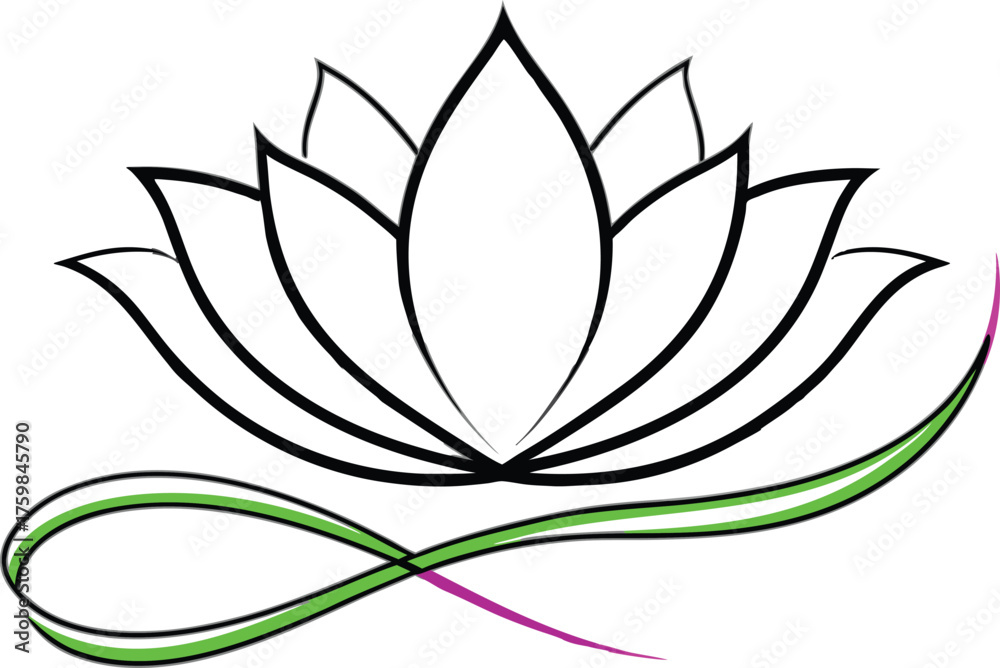 Fototapeta premium Lotus Flower Outline with Green and Purple Swirls on White Background