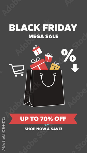 Black Friday Mega Sale with shopping bag gifts and discount Shop now and save