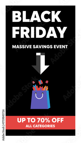 Black Friday sale graphic massive savings event up to 70 off Ideal for retail promotions