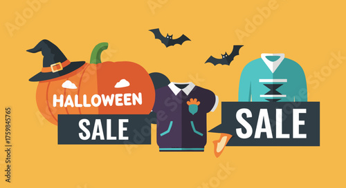 Festive Halloween Sale illustration with pumpkin witch hat bats and clothing items perfect for holiday promotions