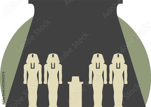 Ancient egyptian sarcophagi lined up inside a tomb chamber