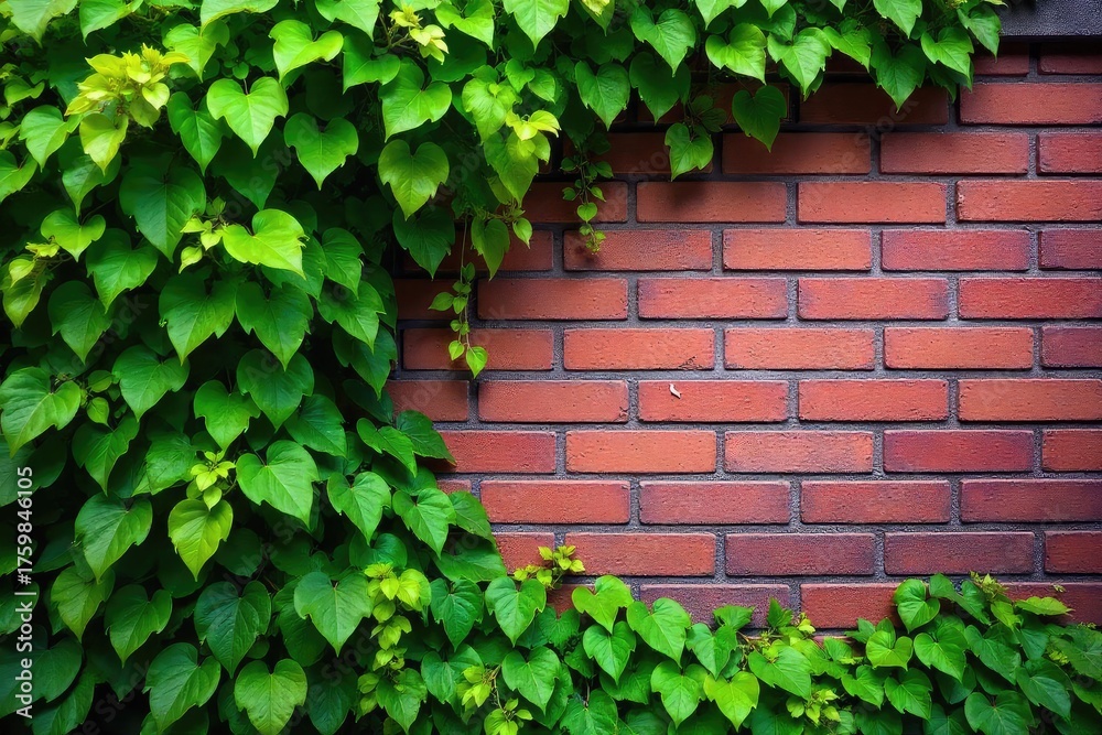 Obraz premium Vibrant green leaves cascading down a brick wall, creating a lush, natural backdrop Perfect for nature, garden, and architectural themes Ideal for websites, blogs, and design projects , foliage, lush