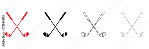 crossed golf stick vector icon, pair of iron or wedge golf club vector, silhouette and line art