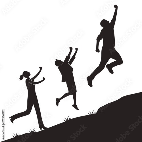 Diverse group of people celebrating success and freedom with arms raised in a simple vector illustration