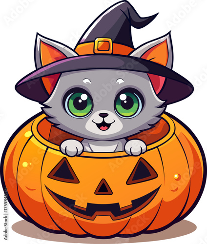 Adorable Witch Kitten in a Halloween Pumpkin