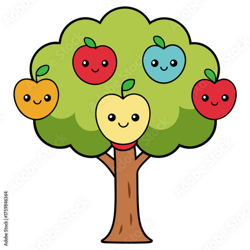 Cute Cartoon Apple Tree with Smiling Fruits