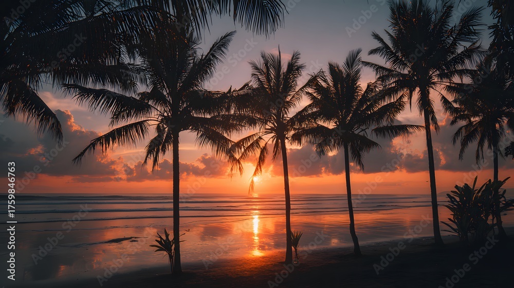 Obraz premium Golden Bali Tropical Sunset with Palm Trees
