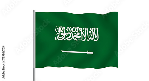 A waving saudi arabian flag with arabic text and a sword displayed on a white background isolated