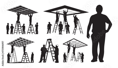 Ceiling Installation Workers Silhouette Vector, Construction Crew on Ladders Clip art.
