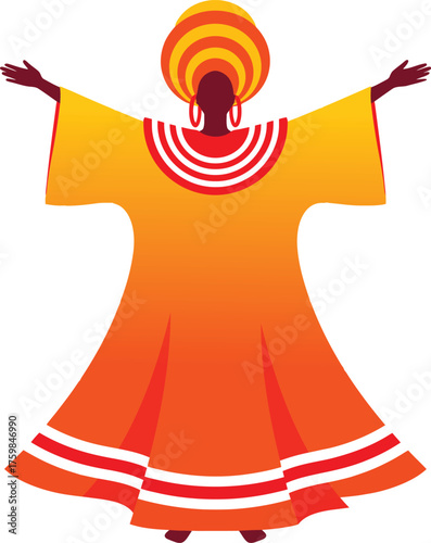 vibrant African woman in traditional dress, hands open, cultural celebration, ethnic design vector