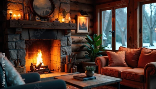 A cozy fireplace warms a rustic living room, casting a warm glow on wooden furniture and plush textiles The scene evokes feelings of comfort and relaxation on a chilly evening , furniture, chair