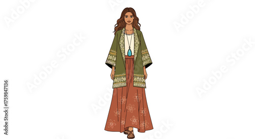 Bohemian Chic Fashion Style Vector.Flat vector design of boho outfit with flowy maxi skirt and embroidered jacket, earthy tones of terracotta and olive, trendy bohemian style.