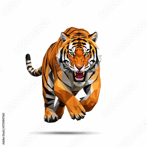 Aggressive Tiger Running Forward Low Poly Style.