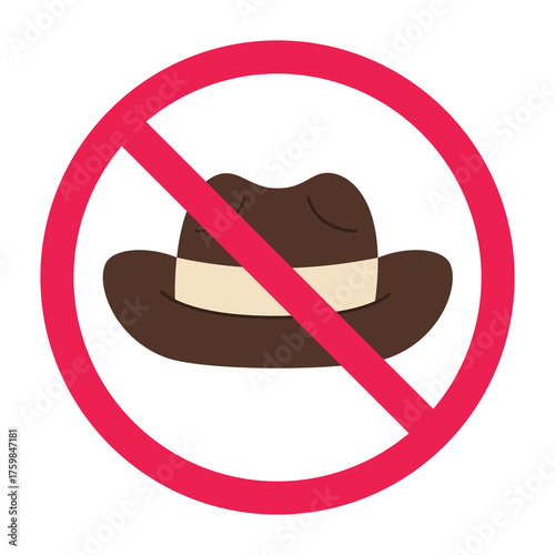 No hat sign, forbidden hat sign, headwear accessory prohibited sign, red crossed circle symbol, vector illustration