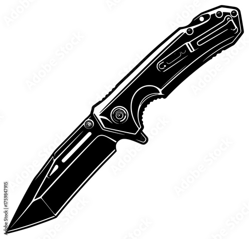 tactical folding knife on a transparent background, black, drawing, knife 