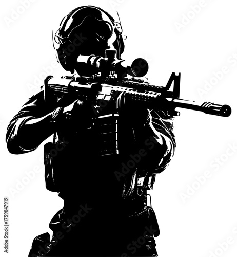 sniper on a transparent background, black, gun, soldier 