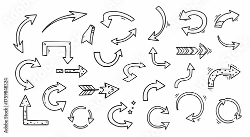 A diverse set of hand drawn arrows in a sketchy doodle style.