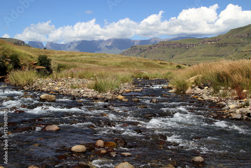 Beautiful view of plains, the Tugela River, and dams with the Drakensberg in the background. KwaZulu-Natal, known for its spectacular views.