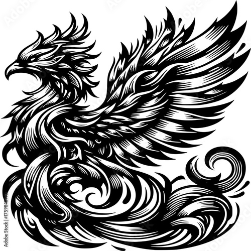 Resurrection of Myth: A meticulously crafted illustration depicts the mythical phoenix, a symbol of rebirth and transformation, with detailed feathers, poised wings, and a fiery presence.