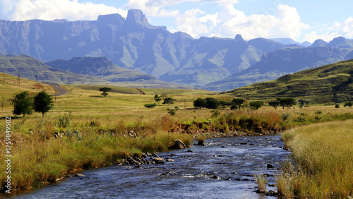 Beautiful view of plains, the Tugela River, and dams with the Drakensberg in the background. KwaZulu-Natal, known for its spectacular views.