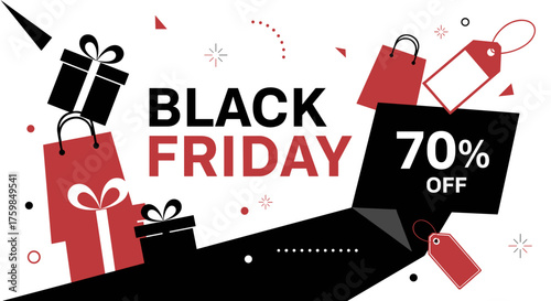 Black Friday 70 off sale banner Ecommerce marketing template with gifts bags and tags
