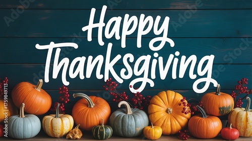 Happy thanksgiving greeting with pumpkins and berries on a rustic wooden background